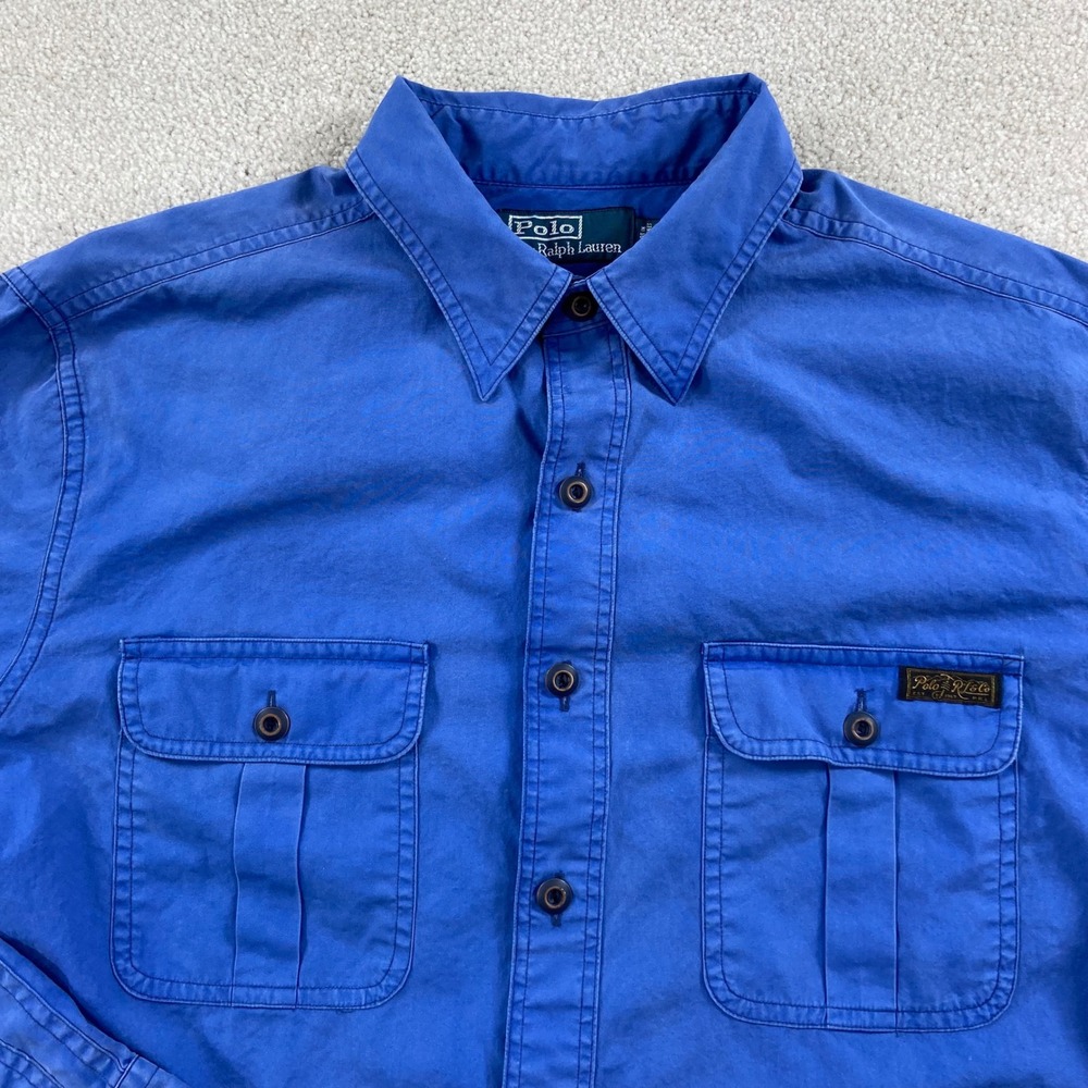 Vtg Polo Ralph Lauren Button Up Shirt Mens L Blue Utility Workwear Long Sleeve
